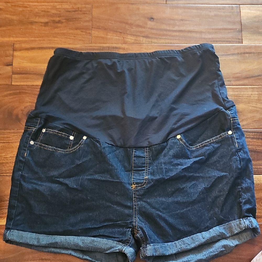 High Waist Black Denim Maternity Shorts